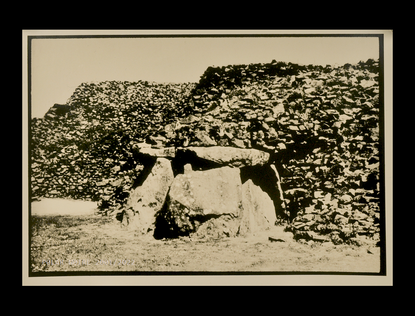 Darkroom lith print on Maco Expo WA3 double-weight chamois paper executed March 2022. Showing rear side of Chamber B in the western part of the cairn (photo taken May 2001).