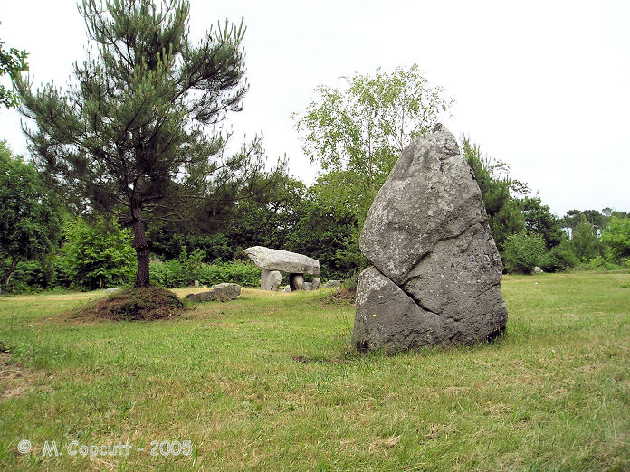 Just to the south of the Quélarn burial cairns is a small menhir, about 2.5 metres tall. It is assumed that the two are related. 

These have been dated to the middle neolithic. 
 