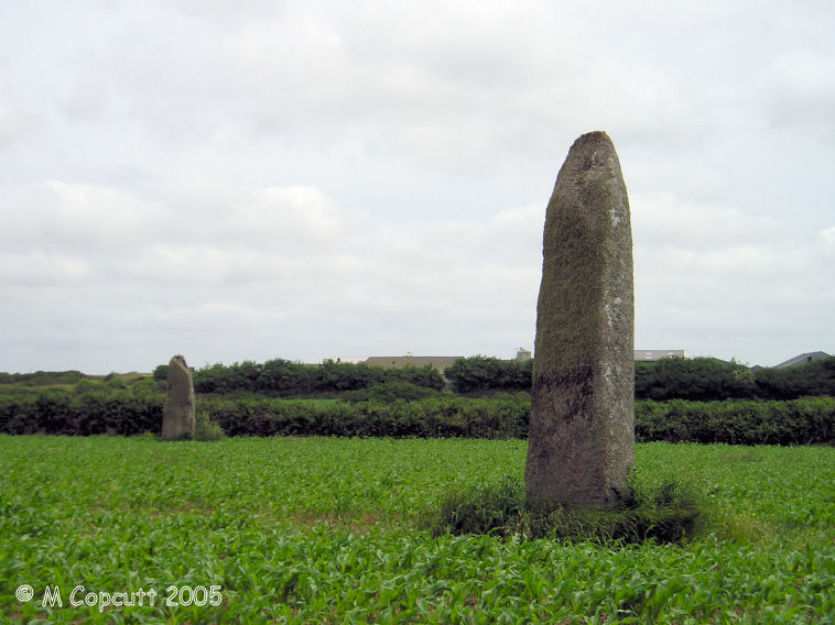 These two menhirs are both between 4 and 5 metres tall, and have been shaped. They are about 60 metres from each other, on an east to west alignment. 