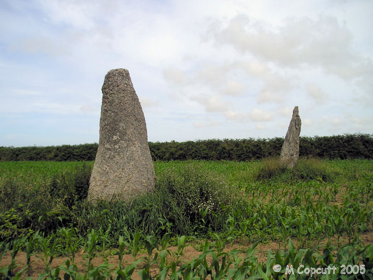 The two St Dénec menhirs are standing in a field near to the farm of St Dénec. Both are about 3.5 to 4 metres high, but they are not nicely shaped and smoothed like most of the menhirs around here.