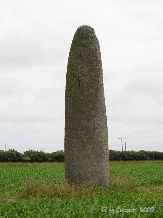 One of the Léon giants, the Kerhouézel menhir is a fantastic monster menhir, just inland from Porspoder. It must be nearly seven metres high and is fantastically smoothed and shaped. 
Looking at these pictures now, several years after visiting, and they do not show the massive size, no do justice to this magnificent manhir. 
Truly a King of Léon. 