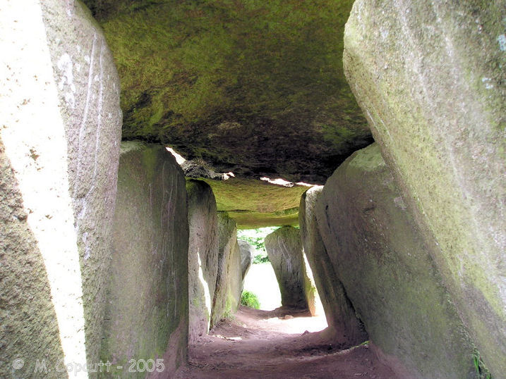 View along the inside of  Mougau Bihan, showing many of the engraved stones. 
 