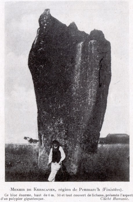 Vintage photograph from the 1927 book Menhirs et Dolmens Bretons by Paul GruyerMenhir de Kerscaven 1