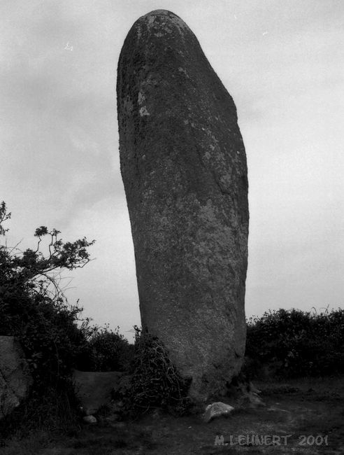 The most impressive remain of the Lannoulouarn alignement is this fine Menhir. Height 6- 6,50m (May 2001)
