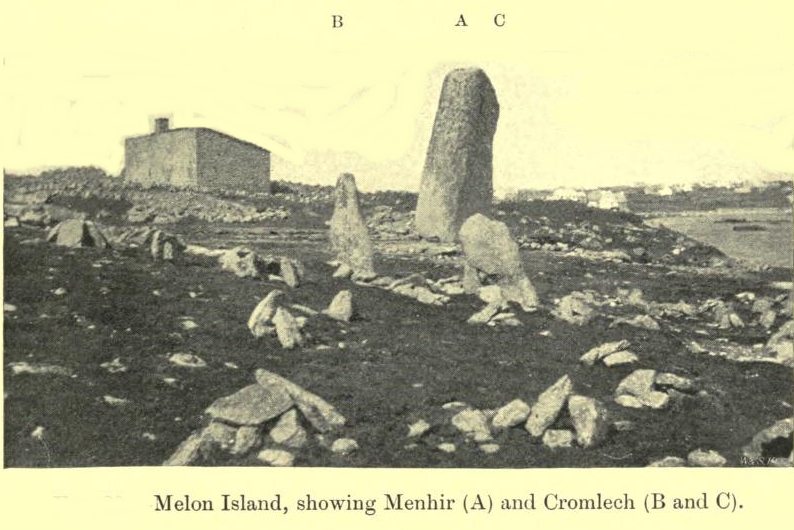 Old photo showing the locations of two cromlechs in relation to the menhir, from 