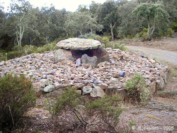 The dolmen itself is contained within the remains of a stone cairn, about 10 metres in diameter, and with large stone edging all the way round. 