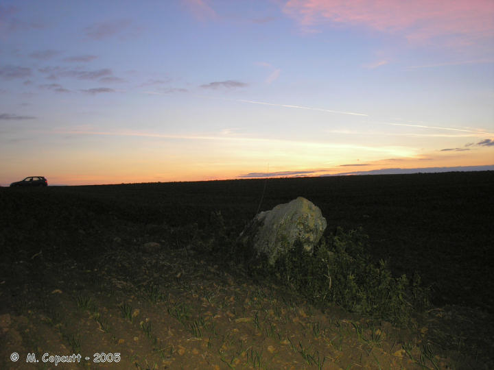 Reviers menhir under a solstice / Christmas dawn sky.

half an hour or so before sunrise, 23 December 2005.