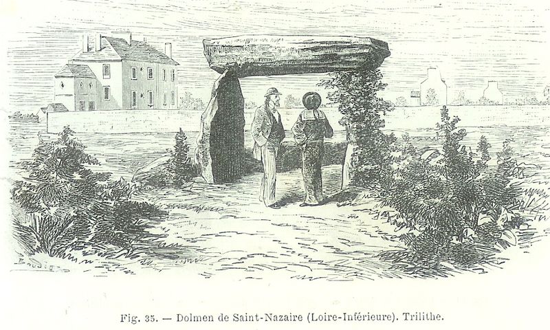 old picture of dolmen remains, now erected in St Nazaire. 