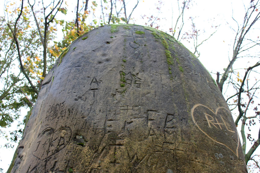 Selzen standing stone, closer view with 3 cup-marks on the upper surfaces.