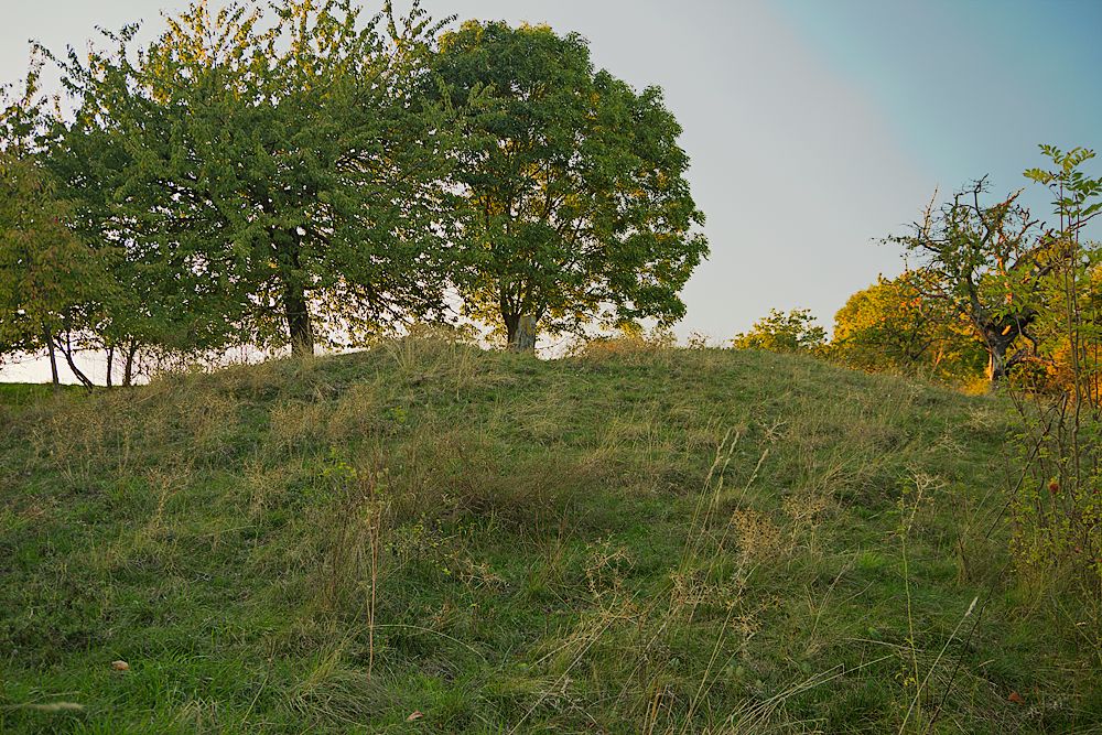 The stone is situated at the top of an artificial mound.