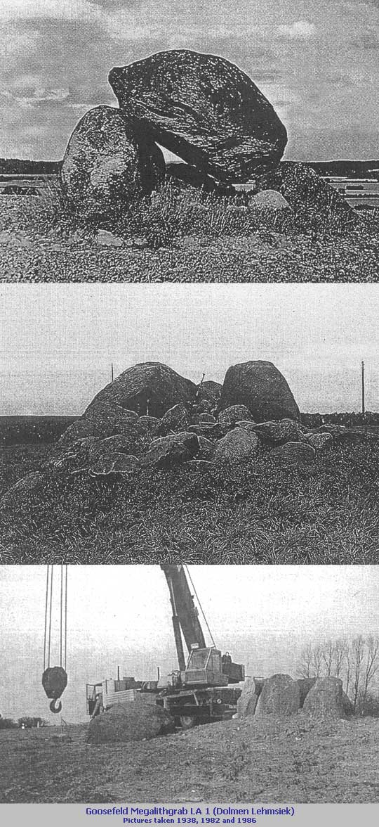 Decay and Resurrection of the Dolmen in Lehmsiek / Goosefeld.

The pictures show the tomb 1938, already halfway fallen, and in the ruined state of 1982. In 1986 the resurrection with heavy equipment.
