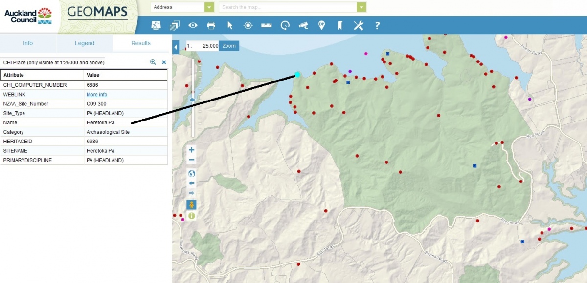 Auckland Council Geomaps identifying Heretoka Pa as Q09-300 on the banks of the Kaipara Harbour