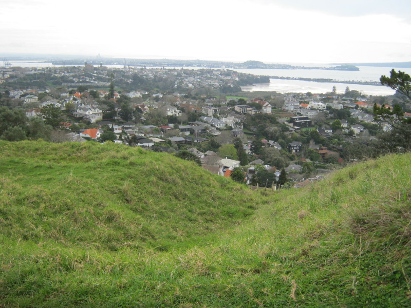 View showing how the ditch and embankment ran down to the steep side of the volcano.  August 2012.