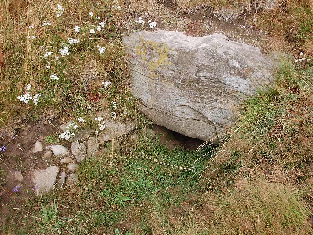 Round Barrow, 3 m x 17 m. From the east side leads an 8 m long passage (uncovered in 1931) into a chamber.
The chamber is 3 m in E-W, 1.50 m br., 1.40 to 1.60 m high.
Chamber is set by six carrying stones, two in the south side,
one in the west end, the north side two long stone, which the west has shifted somewhat and pushed a portion inward, especially at the top. 
The entrance from S-E is 0