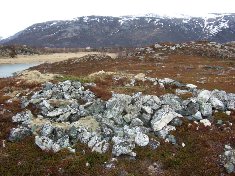 The largest barrow cairn. It is about 12 metres across, but has a huge and deep crater in the middle, and has probably been plundered.