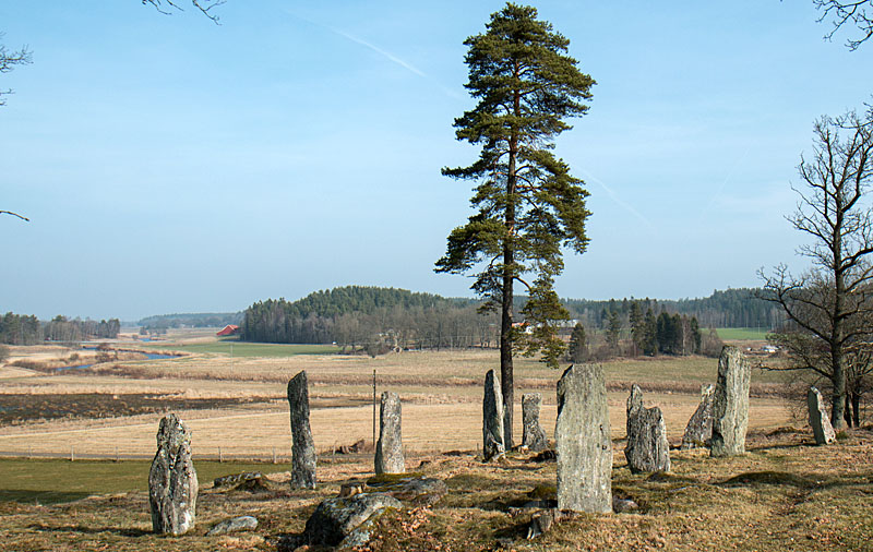 View towards north with the central standing stones and the river Nossan.

