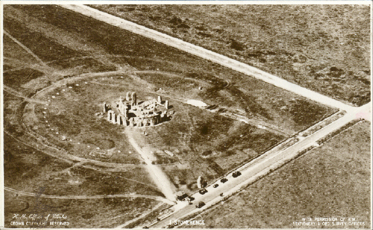 This postcard of an early aerial view of Stonehenge was found in Exeter yesterday, in the antique place on the quayside.  I've trawled through the immense collection of SH pics that Meg P has acquired and can't find a similar one.  There is no clue to its age, other than it's copyright of H. M. Office of Works and Stationery and Ord. Survey Offices.  It shows the Aubrey Holes quite clearly marked 