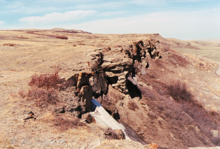 Head-Smashed-In Buffalo Jump. 
At the top of the cliffs where the buffalo were herded over the edge. 
April 1989