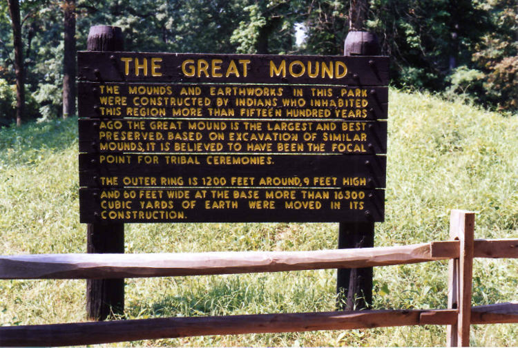 Indiana State Park informational sign located at the entrance ramp into the platform enclosed in the circular henge at Mounds State Park, Anderson, Indiana.