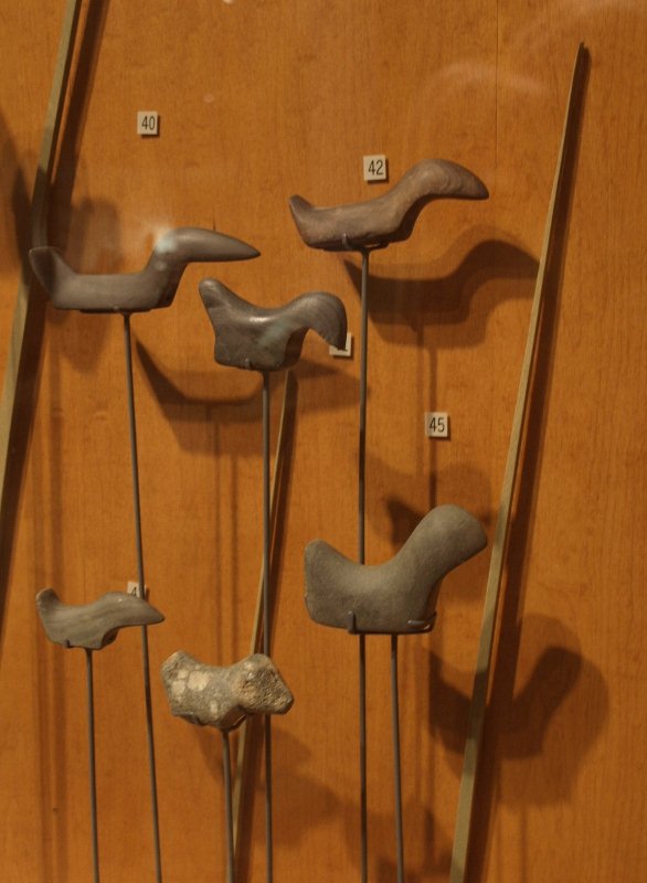 Bird Stones.  Most are two to five inches long.  They are relatively rare artifacts from the Archaic period and generally found in the eastern half of North America.
Indiana State Museum.  Photo by bat400 ca. 2013.