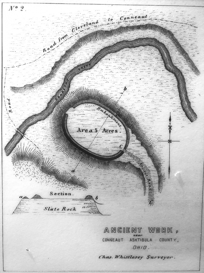 1840's survey of the Conneaut, Ohio Earthworks, a Hilltop Fort. It is located on the flat top of a 70-foot high shale hill with the sides so steep that there is only one place to ascend. It was first 