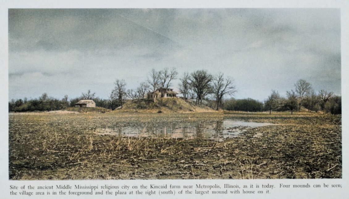 The Kincaid Mounds in Illinois in the early 1900s (colorized).  Photo courtesy Dr Greg Little, author of the Illustrated Encyclopedia of Native American Indian Mounds & Earthworks (2016). 

