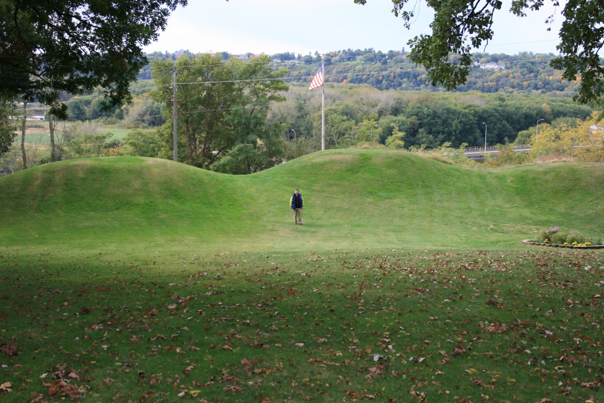 Gramercy Park, site of the Dunleith Mound Group in East Dubuque, Illinois. The 26 mounds at the site were excavated in 1857 and 1882 by a Smithsonian Field Agent. The mounds were made in 200-500 AD. 1. In Mound 16, eleven skeletons were found in a stone & log chamber seated in a circle. 2. In Mound 4 a skeleton 7-8 feet tall was excavated. 3. View of the expansive site.  Photo courtesy Dr Greg Lit
