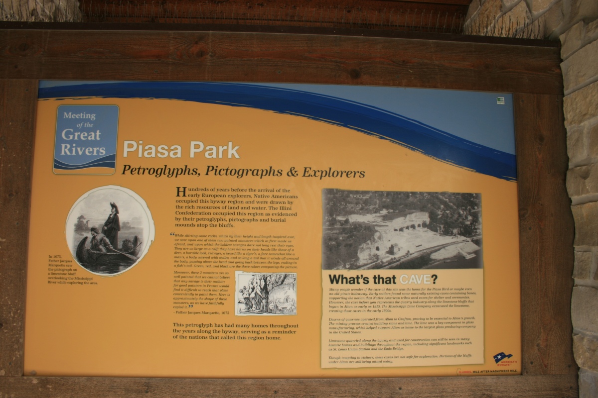 Information panel at the Piasa Bird site. 
 Photo courtesy Dr Greg Little, author of the Illustrated Encyclopedia of Native American Indian Mounds & Earthworks (2016). 

