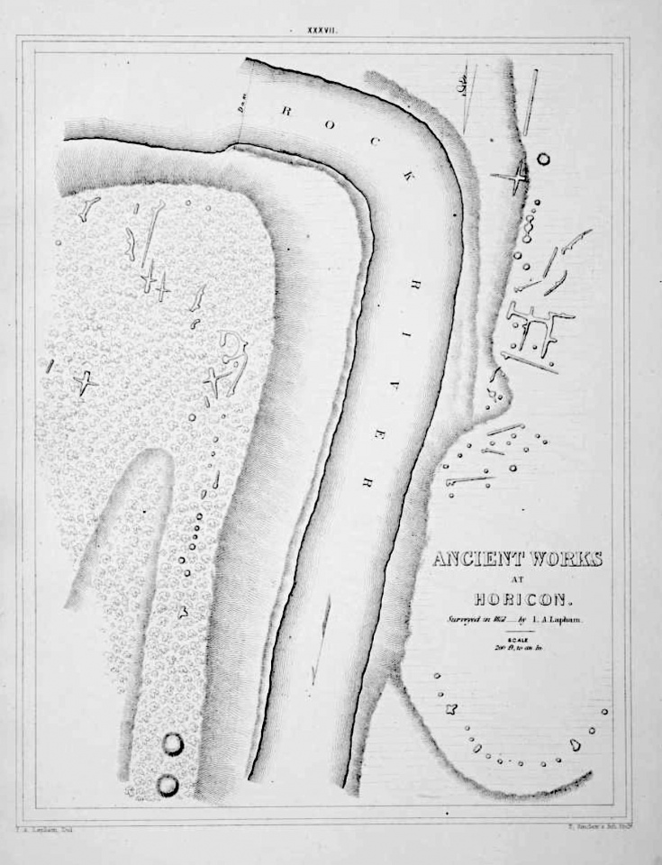 Photo courtesy Dr Greg Little, author of the Illustrated Encyclopedia of Native American Indian Mounds & Earthworks (2016).

Mid-1800's survey of the mounds at Horicon, Wisconsin. Today 37 are preserved in Nitschke Mounds County Park. The map shows about 85 burial, effigy, & geometric linear mounds.
