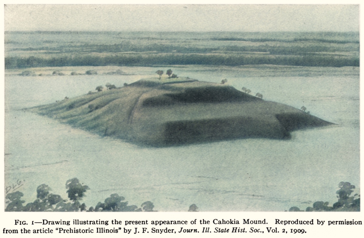 
Depiction of Monk's Mound at Cahokia, Illinois (1909). The mound is 100 ft tall and its base covers about 14 acres, an acre larger than the Great Pyramid at Giza.


Photo courtesy Dr Greg Little, author of the Illustrated Encyclopedia of Native American Indian Mounds & Earthworks (2016).