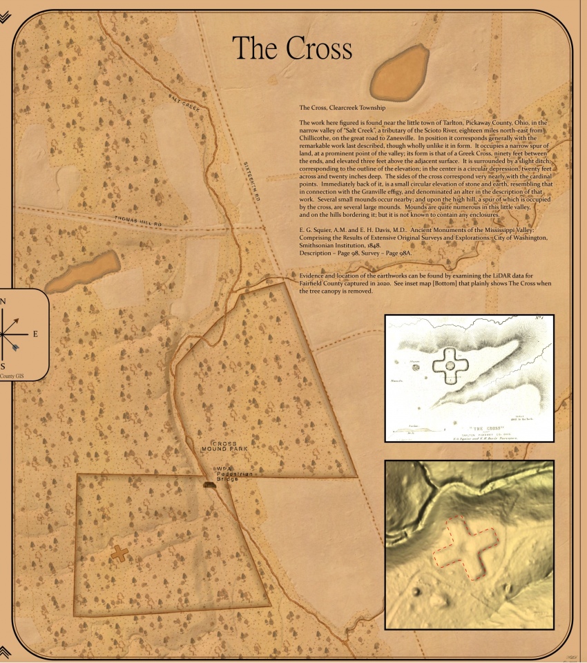 Information brochure on the Tarlton Cross mound in Tarlton, Ohio. The bottom right is a recent LiDAR image of it.  Photo courtesy Dr Greg Little, author of the Illustrated Encyclopedia of Native American Indian Mounds & Earthworks (2016). 
