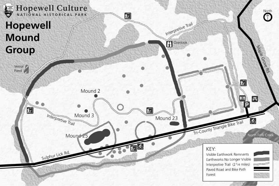 NPS map of what is still visible and what isn't. Even the visible mounds are now no bigger than slight rises, although Mound 25 is somewhat higher. The only part of the enclosure wall and ditch that are still conspicuous, at least to my eyes, are the western and northwestern sections. 

The obliterated square earthwork to the right of the main mound enclosure has been interpretively mowed to get