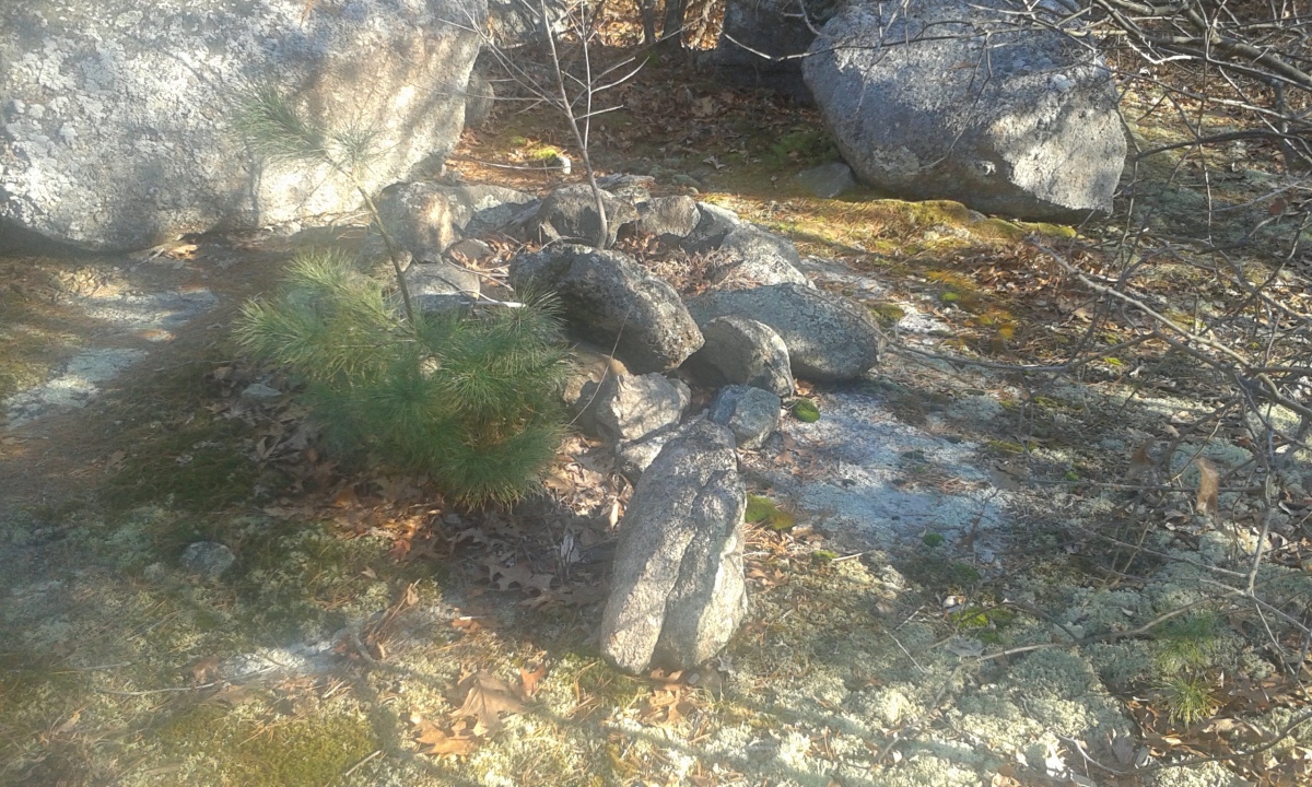 The original published map showed a modern rock pile or cairn trail marker on a flat ledge. As of 2016, this was dismantled and re-built as a stone fire ring (shown in photo) with evidence of current use. So the original rock pile is gone.