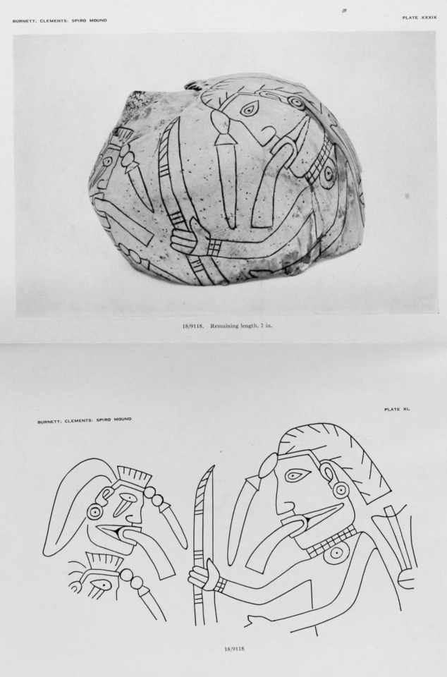 Portion of an engraved shell excavated from the Spiro., Oklahoma mounds. The image depicted on the shell is shown on the bottom. The 