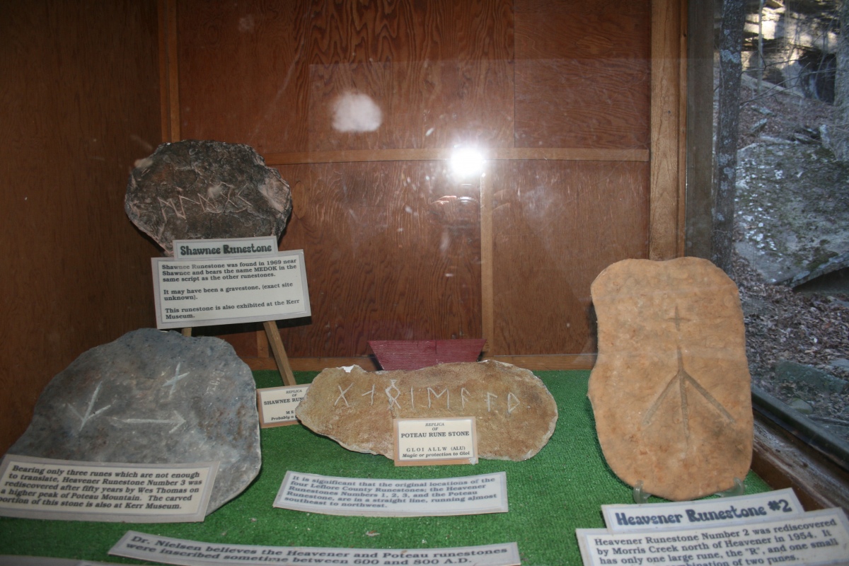 Other runestones from Oklahoma (a few are replicas) that used to be displayed next to the Heavener Runestone.  Photo courtesy Dr Greg Little, author of the Illustrated Encyclopedia of Native American Indian Mounds & Earthworks (2016). 

