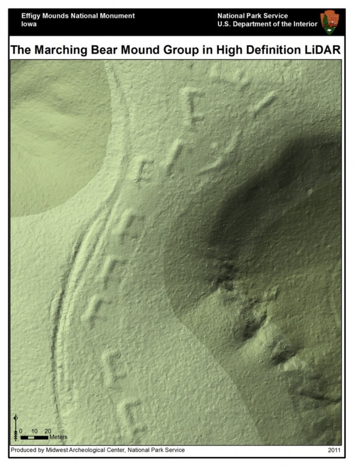 Sometimes I'm stupified. So many people have related here that the Effigy Mounds National Monument, and the many effigy mounds there are fake. Photoshopped and not real. This is a 2011 LIDAR image of the Marching Bears effigies there. Photo courtesy Dr Greg Little, author of the Illustrated Encyclopedia of Native American Indian Mounds & Earthworks (2016).