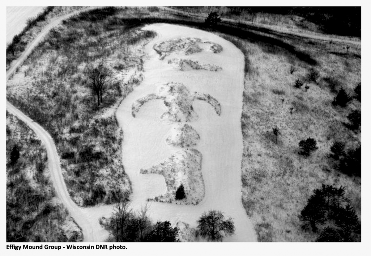 There were 10,000 effigy mounds along the Mississippi River in a small area of Iowa and more on the Wisconsin side. This winter aerial photo shows a few in the Wisconsin portion of Effigy Mounds National Park.   Photo courtesy Dr Greg Little, author of the Illustrated Encyclopedia of Native American Indian Mounds & Earthworks (2016). 

