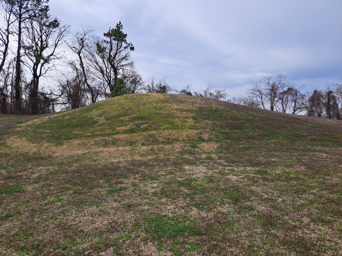 This is the only other extant mound at the site. It is to the left as you face the great mound. According to the interpretation, it was built before the great mound and likely was a rectangular platform mound before acquiring its more rounded shape due to erosion.