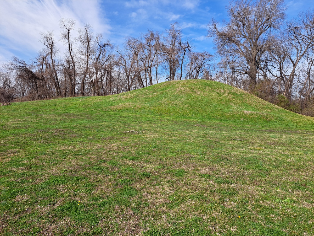 Another view of the platform mound. Note the two tiers. The top was likely the domain of the ruling chieftain, while subordinate leaders' houses were located on the lower level apron to the left. 