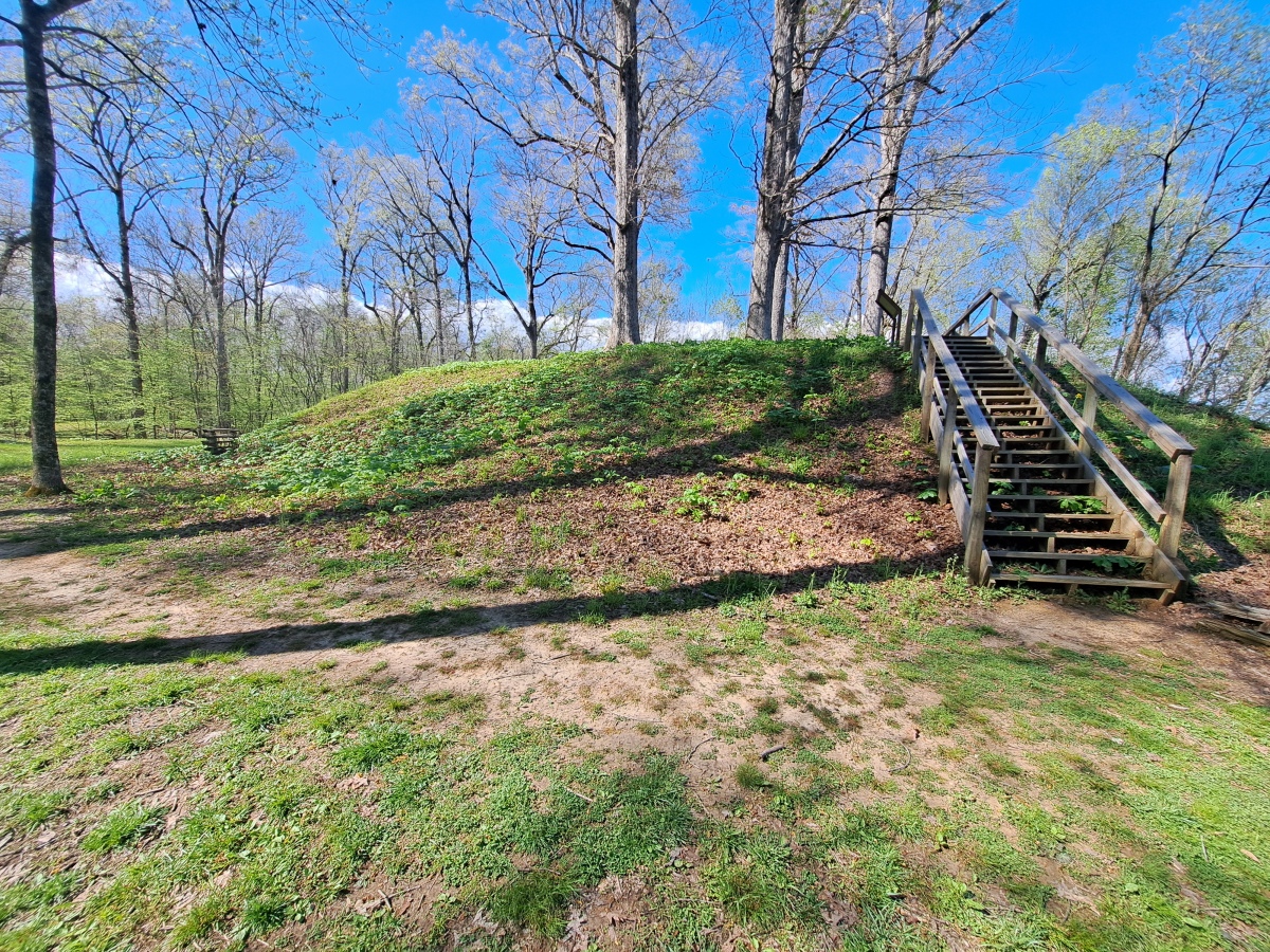 Mound A. This is the largest rectangular platform mound at the site and near the bluff edge overlooking the Tennessee River, a major trade route at the time. Likely the residence of the paramount chieftain.