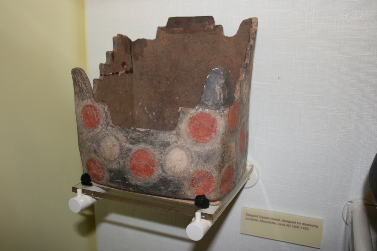 Stepped pottery vessel (genuine) excavated from the Moundville, Alabama mounds.  Photo courtesy Dr Greg Little, author of the Illustrated Encyclopedia of Native American Indian Mounds & Earthworks (2016). 
