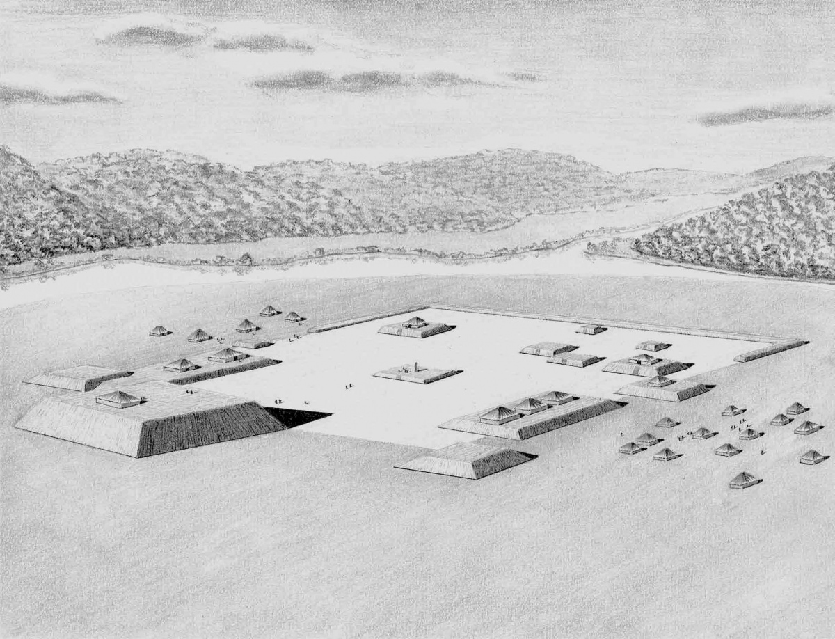 
Archaeological reconstruction of the Mound Bottom, Tennessee mound complex from the mound encyclopedia. The site is enclosed by a horseshoe bend in the Harpeth River with a small, narrow band of land yielding access. It is a 500 acre site that is today a state park with restricted access. It was 