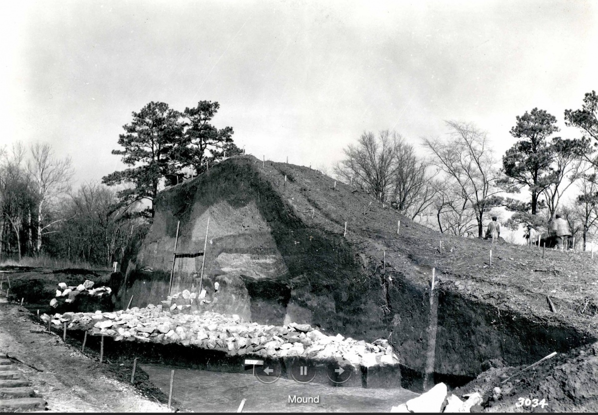 
Photo of an early 1930s excavation of the mounds.
  
Photo courtesy Dr Greg Little, author of the Illustrated Encyclopedia of Native American Indian Mounds & Earthworks (2016). 