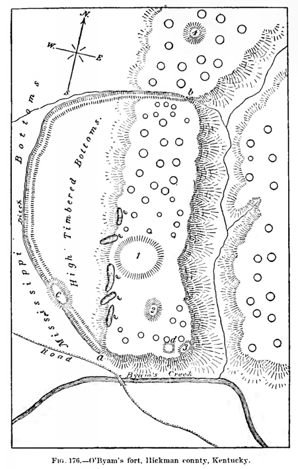 Smithsonian BAE survey of O'Bayum's Fort AKA McLeod Bluff Site near Hickman, Kentucky. Dated to 1280 CE (AD).

Image courtesy Dr Greg Little, author of the Illustrated Encyclopedia of Native American Indian Mounds & Earthworks (2016). 