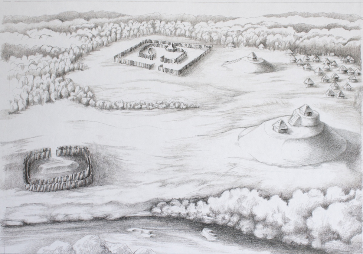 Archaeological reconstruction of the Bessemer Mounds in Alabama, AKA Tally & Jonesboro Mounds. The mounds were built ca. AD 500. This was the focal point of a village of at least 1000 people. From the Alabama mound book.  Photo courtesy Dr Greg Little, author of the Illustrated Encyclopedia of Native American Indian Mounds & Earthworks (2016). 
