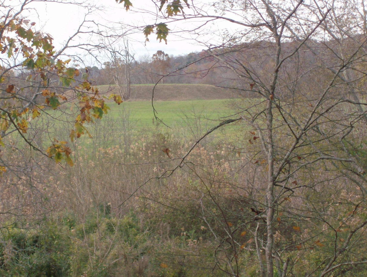 One of the large, truncated mounds at Mound Bottom, Tennessee. The photo was taken from a nearby mountain.   Photo courtesy Dr Greg Little, author of the Illustrated Encyclopedia of Native American Indian Mounds & Earthworks (2016). 

