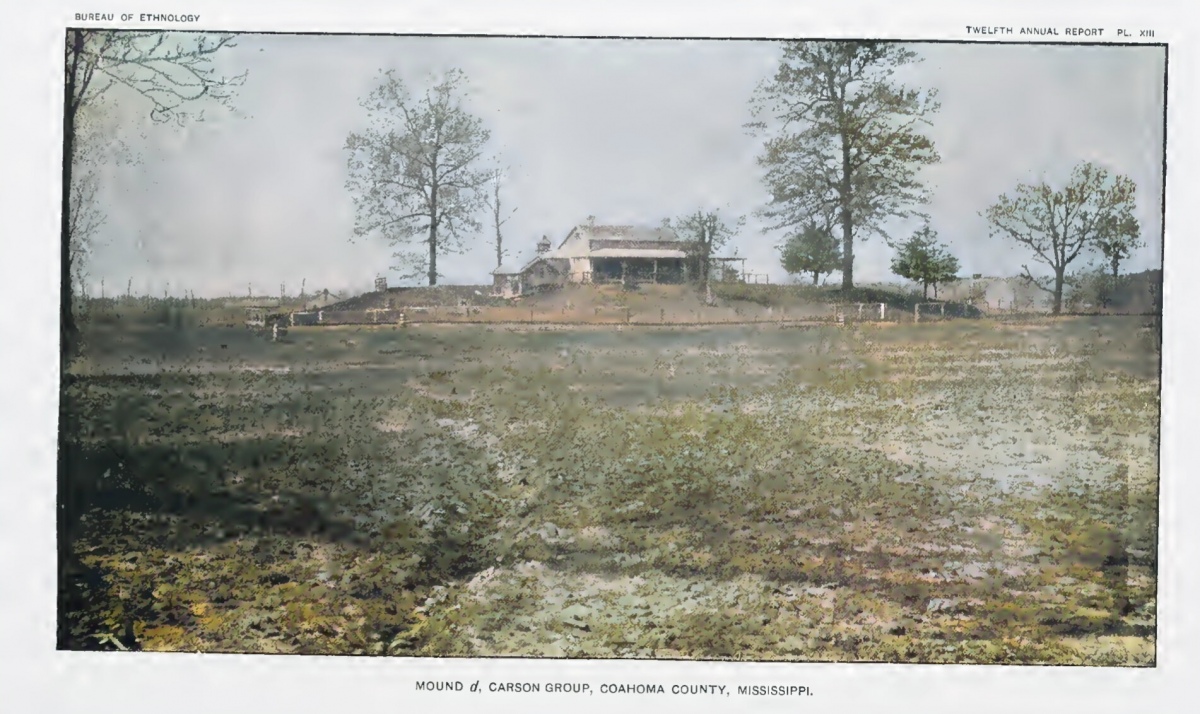 Late 1800s (colorized) Smithsonian photo of mounds at the Carson Site in Mississippi. There were about 60 mounds and earthworks there and today about 6 of the larger mounds remain intact and visible. The site is on private property but can be seen from the road.
