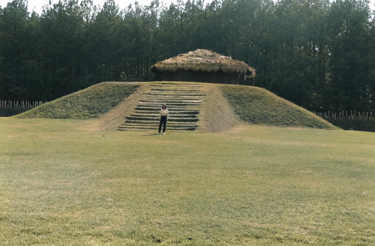 
Temple mound at Town Creek, North Carolina with a reconstructed palisade wall behind it (photo from late 1980s). Today the mound has the sides overgrown, presumably to keep people from climbing on the sides.

Photo courtesy Dr Greg Little, author of the Illustrated Encyclopedia of Native American Indian Mounds & Earthworks (2016).