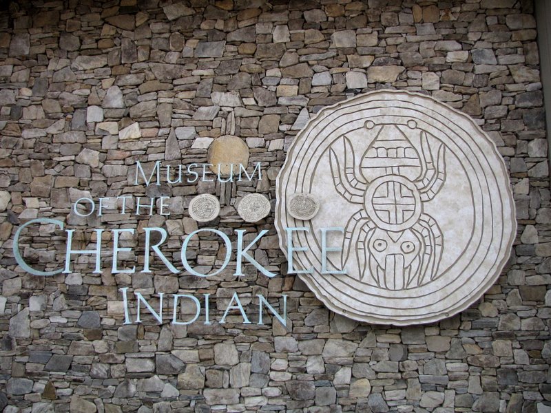 Main museum sign - the spider (right) is the fire bearer in the Cherokee Creation Myth and a profoundly important creature.