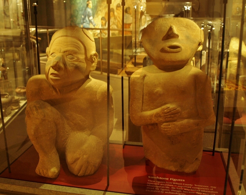 Siltstone figures found at the Sellars Farm site in 1939.  The kneeling male figure (left) is 20 inches tall.
Photo taken in 2013.